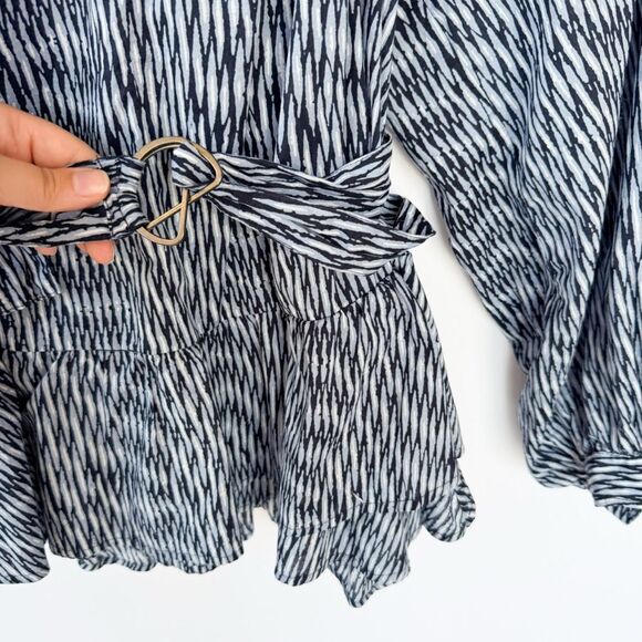 Banana Republic Factory Navy and Light Blue Ikat  Long Sleeve Peplum Blouse - Picture 8 of 11